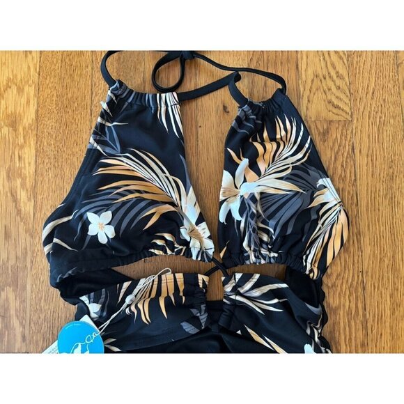 NWT Cupshe Womens Size XS Black Floral One Piece Swimsuit Cut Out - Picture 2 of 6